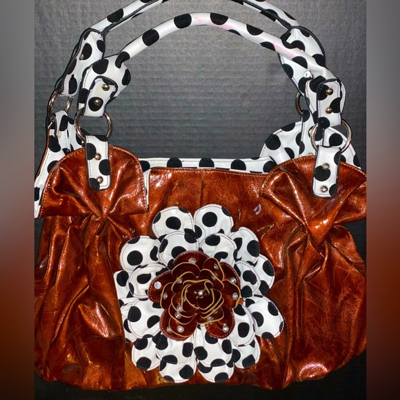 Handbags - Gorgeous brown purse with polka dots and a huge flower embellishment.